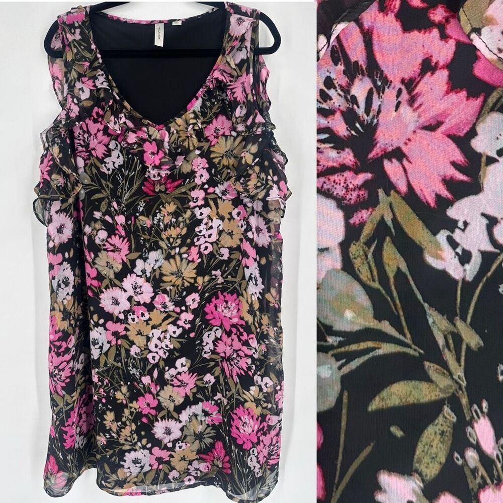 Tacera XL Black Pink Floral Ruffle Shift Dress Sleeveless Wedding Guest Feminine
